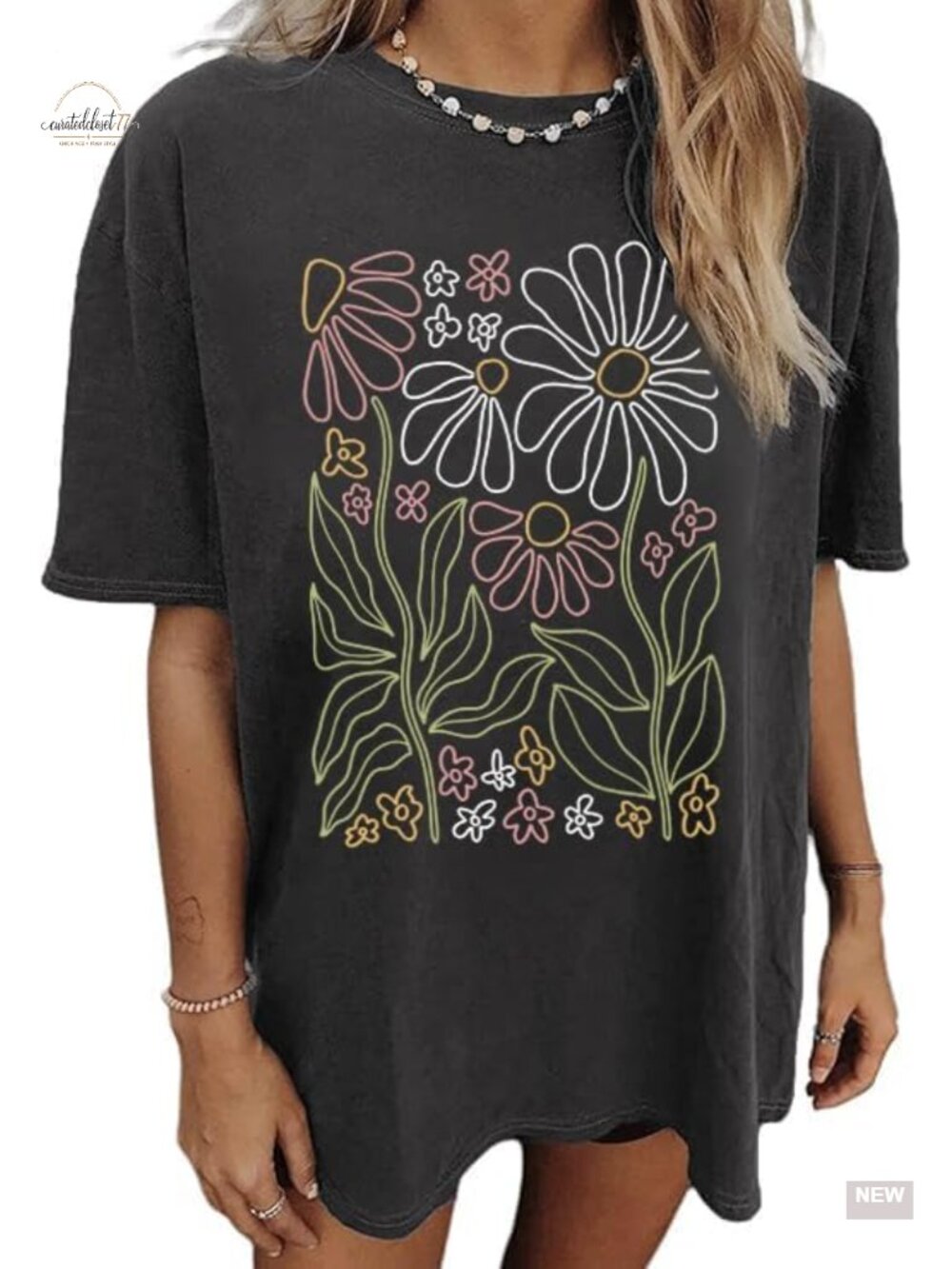 Oversized Floral Graphic T-Shirt 100% Cotton Crew Neck Short Sleeve Boho